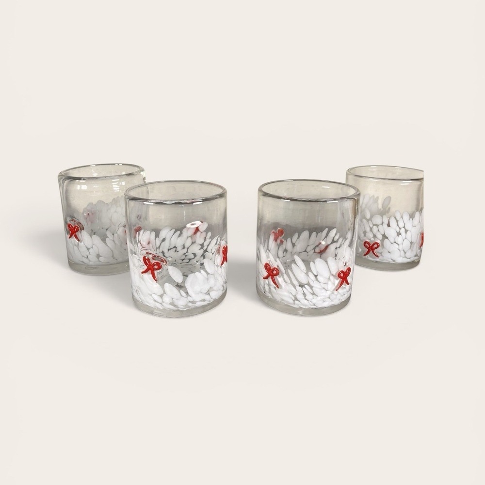 NEW Glass Tumblers Set 4 White Red Bow Confetti Petal Drinkware Holiday Romantic